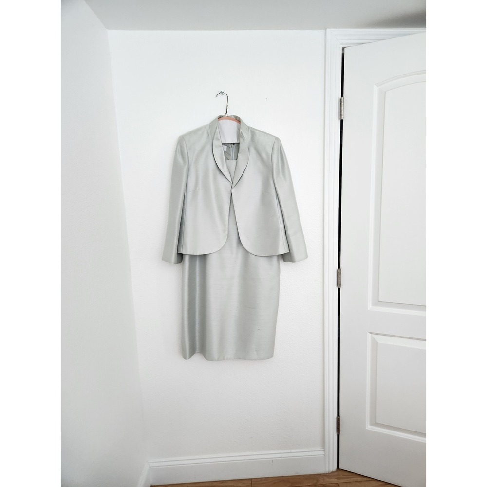 Le Suit Womens 2‎ Pc Silver Sheath Dress Jacket Set Sz 12 Formal Wedding Event